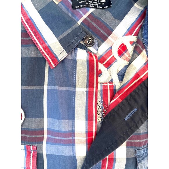 Parish Nation Mens Size XL Plaid Patches Distressed Shirt Casual Bound‎ Glory - Picture 11 of 12